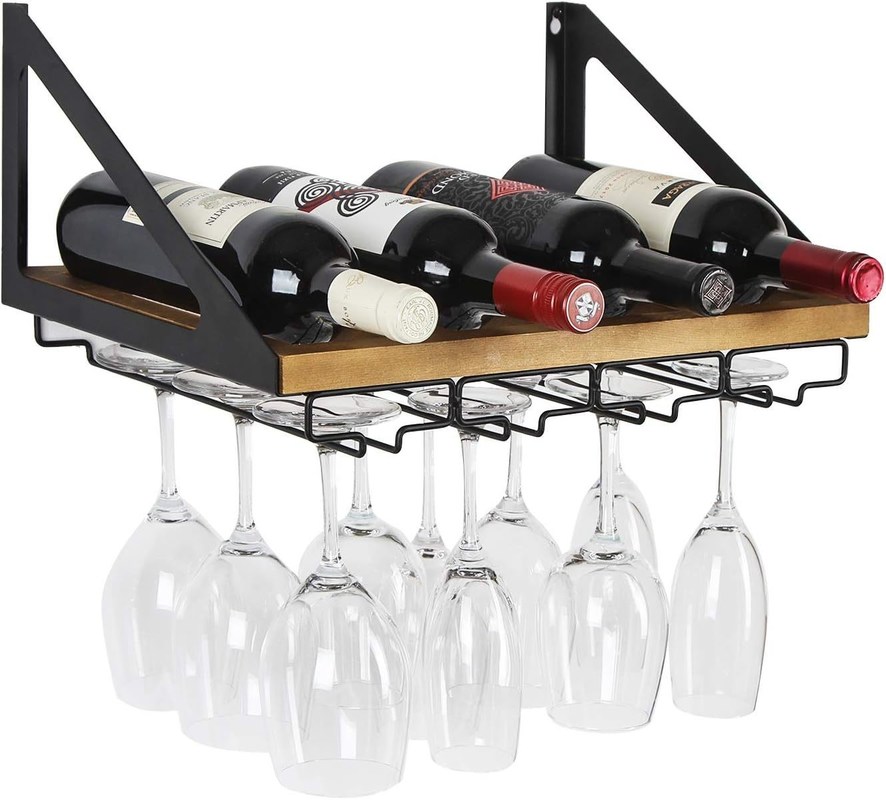 Rack não dobrável Rustoso Montador de parede de madeira Rack de vinho com 4 suportes de vidro de arame metálico Design personalizado