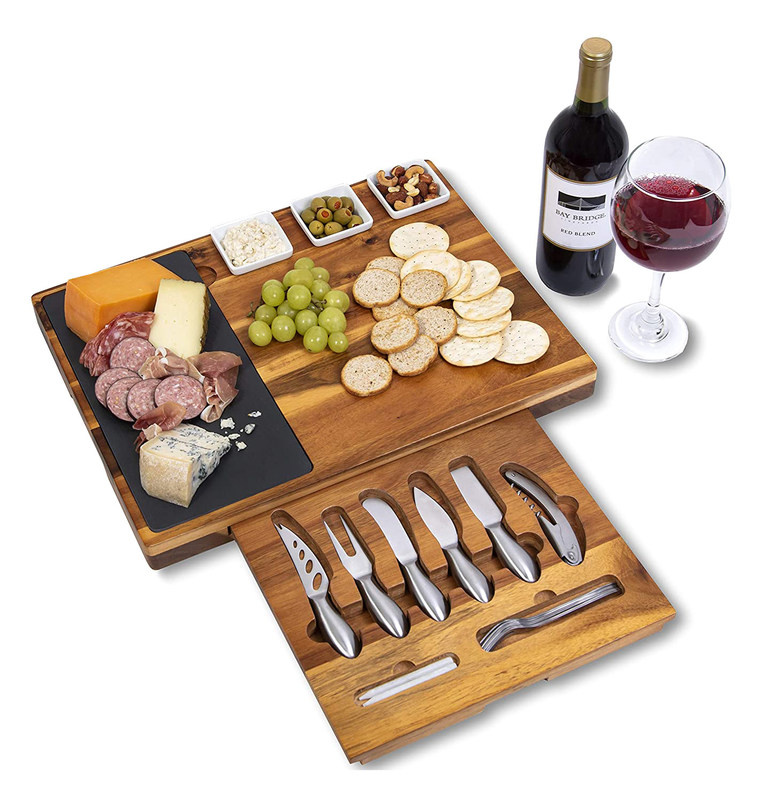 Impressão em serigrafia 19 peças Acacia Madeira Química Slate Board e Knife Set para Carne Vinho Queijo