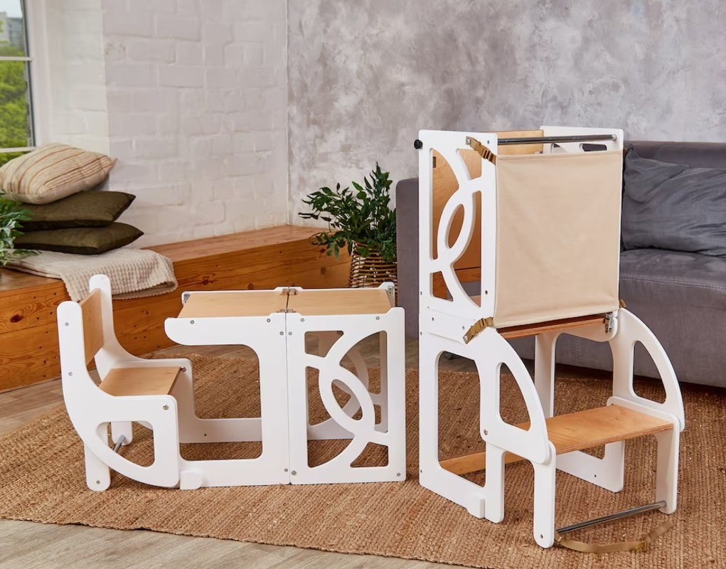 7 em 1 Cabrio Tabela de torre para crianças com apoio de cadeira Melhorar a aprendizagem e diversão na cozinha