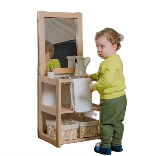 Crianças aprendendo brinquedo Ecologicamente amigável Criança Montessori Lava-louças com espelho e tábua extra