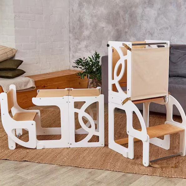 Crianças de madeira Kitchen Step Stool Convertible Tower Table 7 em 1 Seatback e Slide