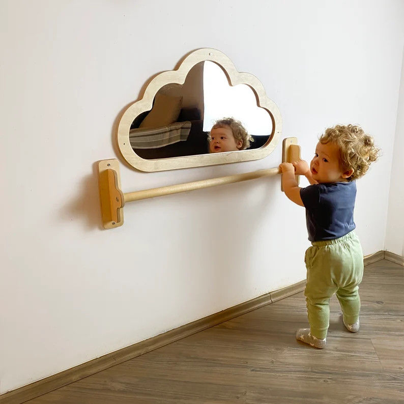 Baby Floor espelho acrílico irrompível com puxar para cima barra de madeira presente de Natal sensorial