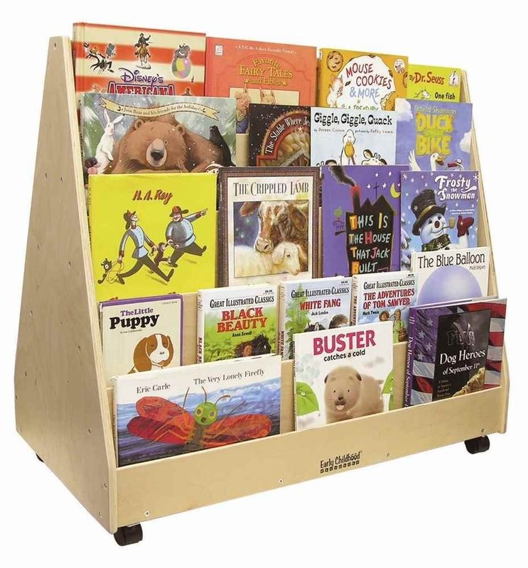 Estante de livros de sala de aula Armário de armazenamento para crianças com cor de mancha e tela de livros móveis de dois lados