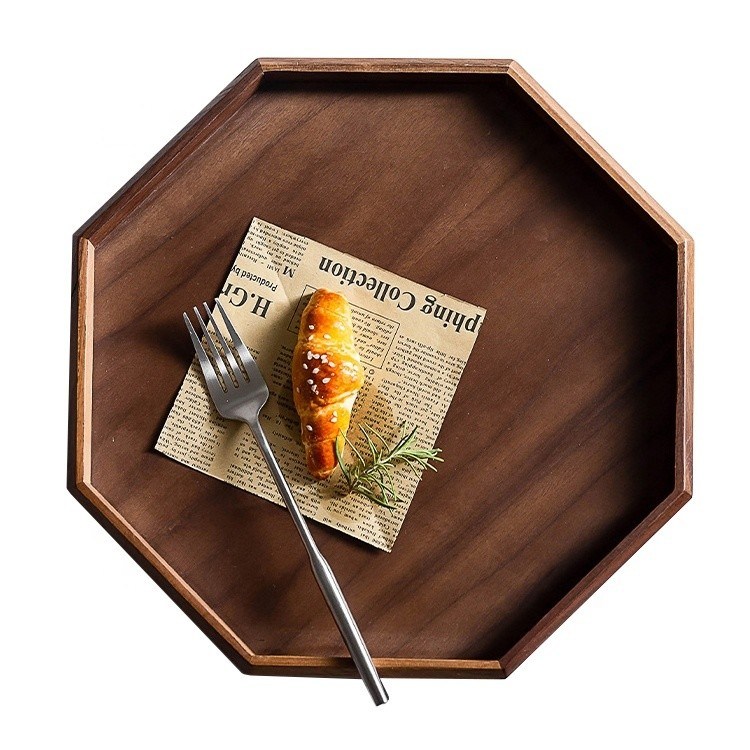 Taça de serviço de madeira de nozes de acácia de forma redonda octogonal 30x20x3cm com impressão queimada
