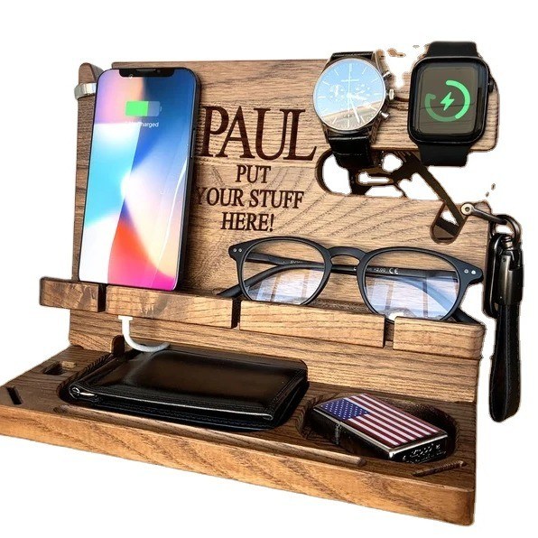 Estação de acoplagem de madeira impressa em tela de seda para carteira de telefone e chave ideal para homens