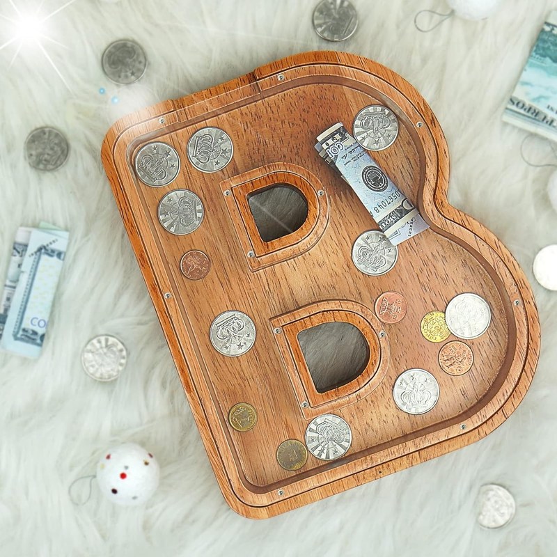 Carta de madeira do alfabeto acrílico caixa de dinheiro impressão queimado letra grande porquinhos bancos para crianças